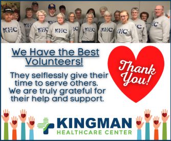 Banner picture of Kingman Healthcare Center Auxiliary Volunteers. 
There is a group of elderly Volunteers wearing matching long sleeve shirts that says, &quot;KHC- EXCEPTIONAL CARE. EVERY TIME.&quot; There is 15 females and 4 males smiling.
There is a small banner across the bottom of the picture that says &quot;We Have the Best Volunteers! They selflessly give their time to serve others. We are truly grateful for their help and support.&quot; (heart that says: Thank You)
Graphic at bottom of picture with 4 hands rising with a heart on each hand and the hospital&apos;s name, (KINGMAN HEALTHCARE CENTER) and 4 more hands rising with a heart inside each hand.