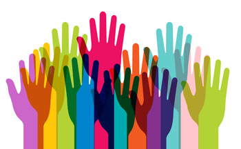 Graphic image of colorful hands reaching up in the air.