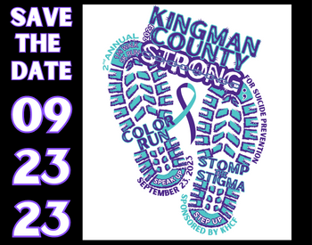 Graphic picture of a circle that has a Silhouette of a man running and a Suicide Prevention Awareness ribbon. The circle has text on it that says:
COLOR RUN/WALK
KINGMAN COUNTY STRONG FOR SUICIDE PREVENTION 2022