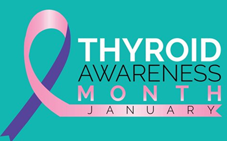 Thyroid Awareness Month graphic featuring a pink and blue ribbon with “Thyroid Awareness Month – January” text on a teal background.