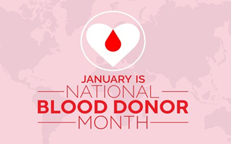 January is National Blood Donor Month” awareness banner with a red blood drop icon on a pink background.