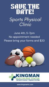 image with sports balls and "Save the Date Sports Physical Clinic June 4th 5-7pm at Kingman Healthcare Center, Kingman KS